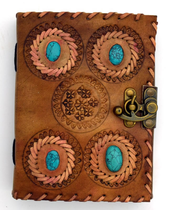 4 Turquoise Stone Embossed and Stitched Leather Journal